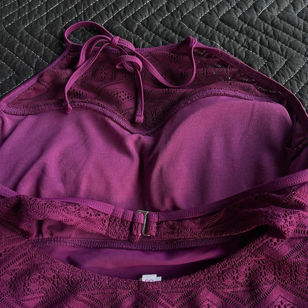 SO Swimsuit Womens Large‎ Purple One Piece Halter Crochet Overlay